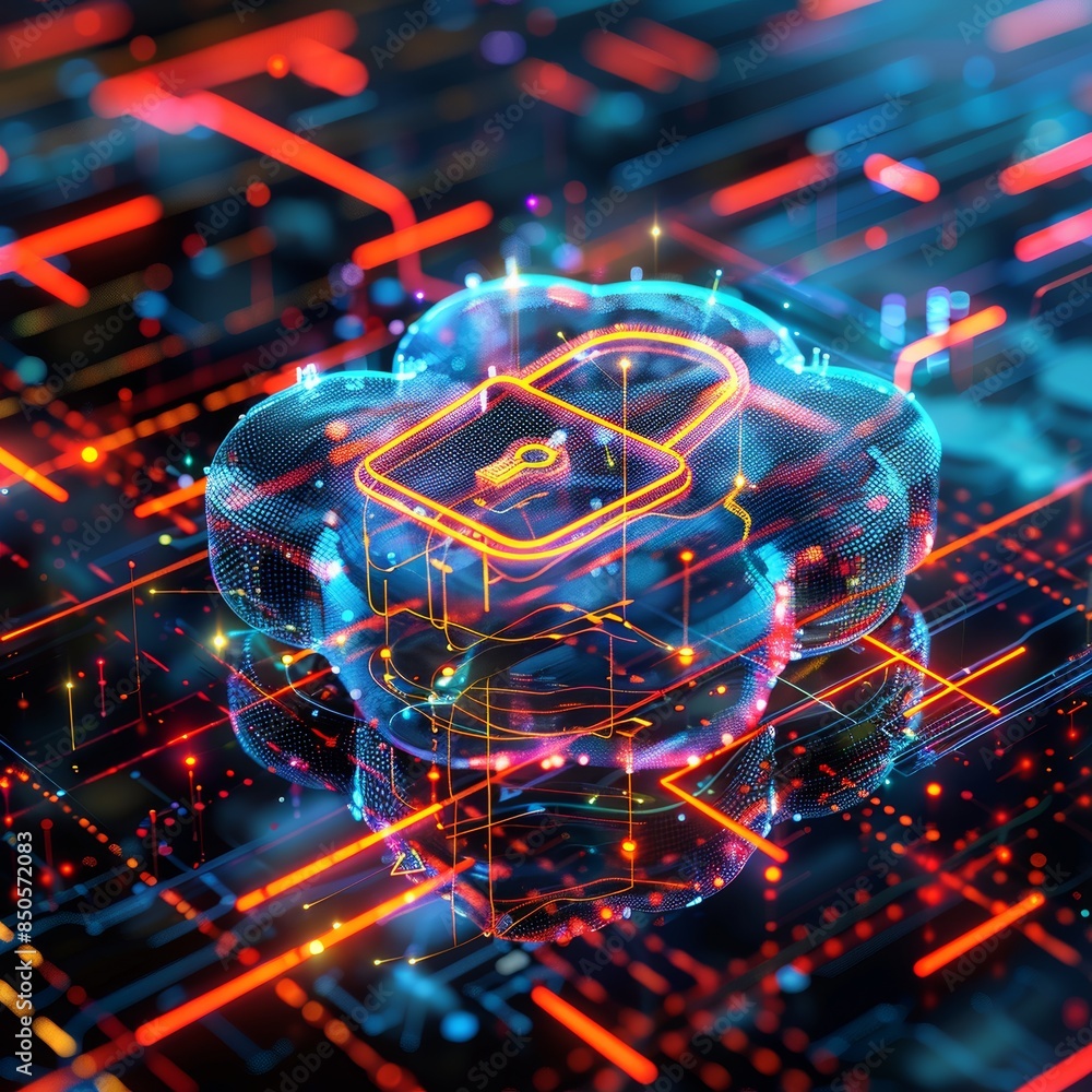 Poster close up of lock icon in cloud on digital grid with abstract lines and vibrant neon colors