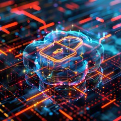 Fototapeta premium Close up of lock icon in cloud on digital grid with abstract lines and vibrant neon colors