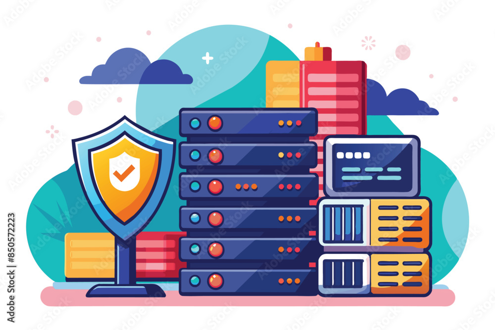 Poster colorful illustration depicting a secure server with a shield and multiple servers in a data center,