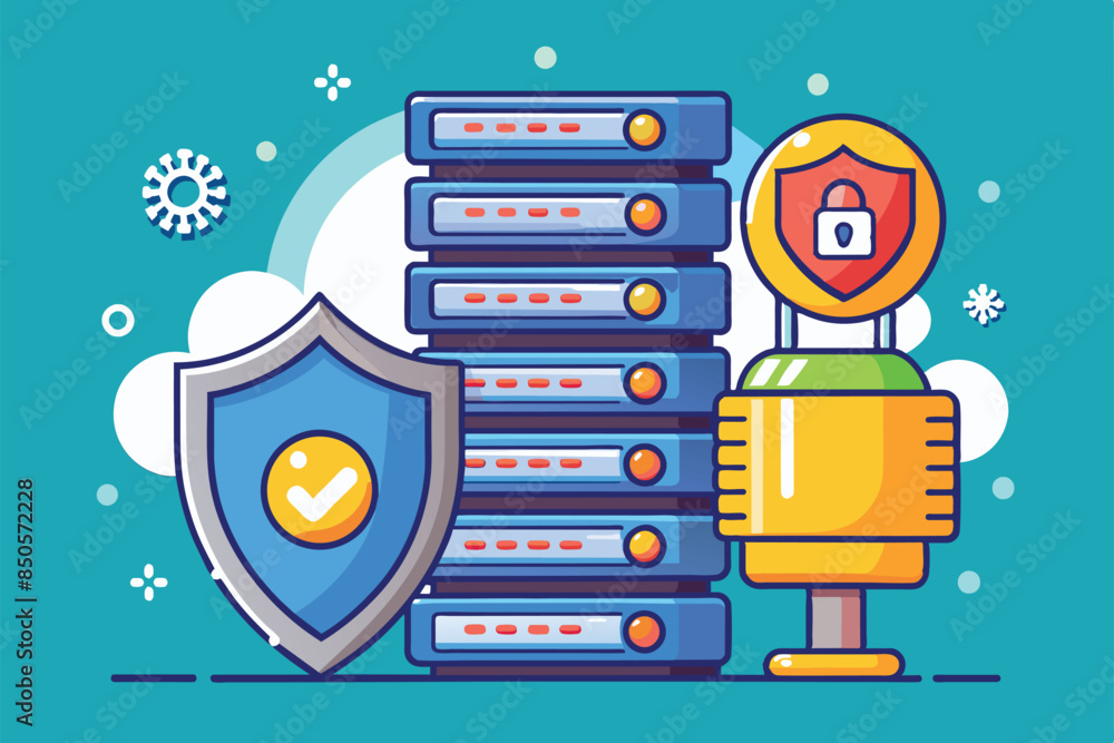 Poster colorful flat illustration of a secure server with multiple shields and checkmarks, secure server cu