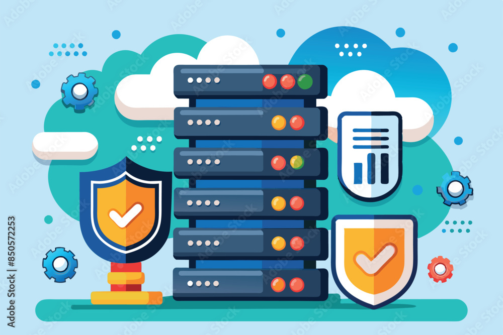 Poster a flat illustration of a secure server with customization options, cloud computing, and security fea
