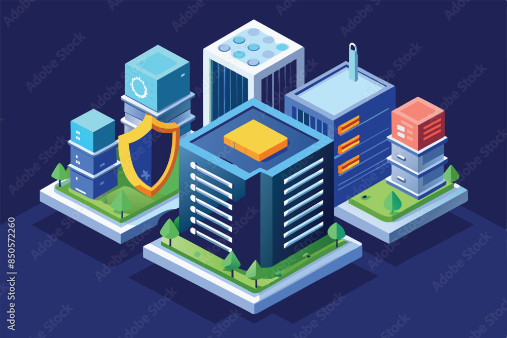 Poster isometric city illustration with secure server buildings, one protected by shield, shows customizabl