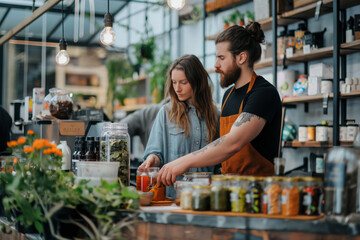In a zero waste shop, a man and a woman are busy preparing food together. Ideal for promoting sustainable shopinng practices and eco-friendly food preparation.