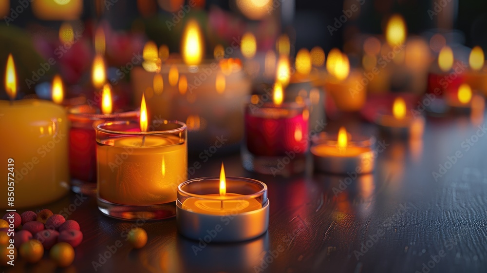 Poster a collection of candles placed on a rustic wooden table, suitable for decoration or use as a focal p