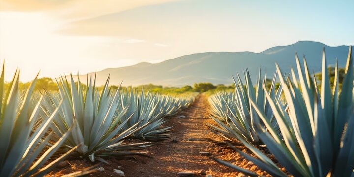 Mexican agave tequila field with cactus in nature landscape. Concept Nature Photography, Landscape, Mexican Agave, Tequila Field, Cactus