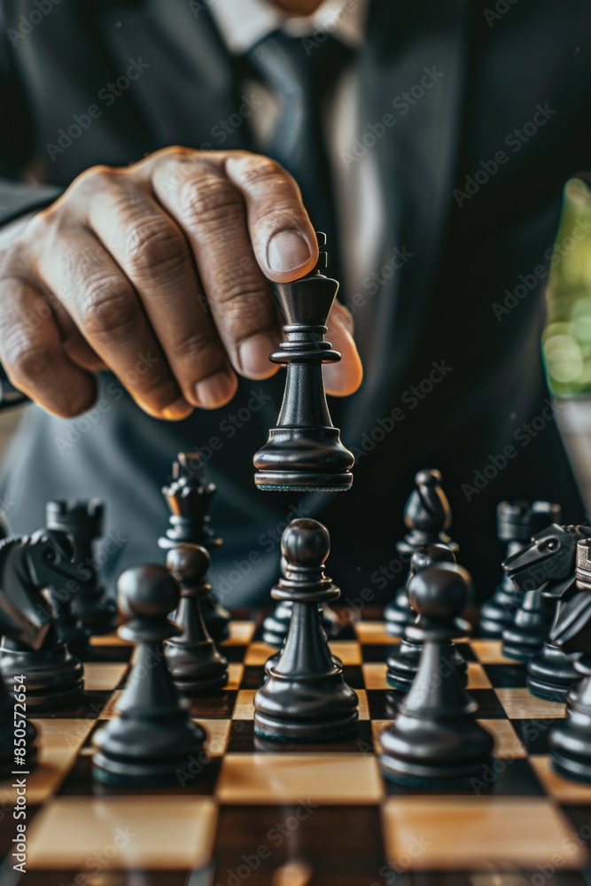 Poster A man in a suit sitting at a table playing a game of chess, a strategic board game