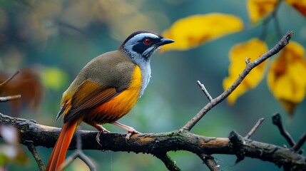 The colorful tailed laughingthrush is sitting on the branch