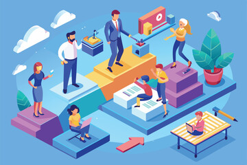 A colorful isometric illustration depicting a team of diverse individuals collaborating in a modern office setting, Selecting team Customizable Isometric Illustration