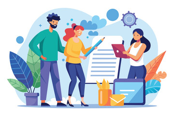 Three Business Colleagues Review And Sign Contract, Signing a contract Customizable Flat Illustration