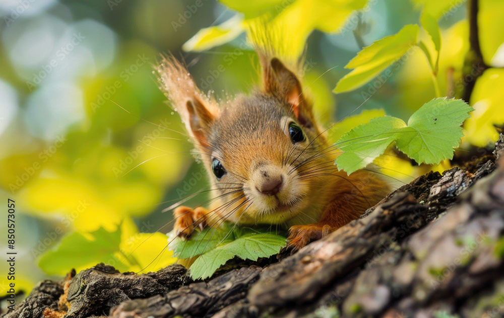 Poster a small squirrel perched on the top of a tree branch, looking around
