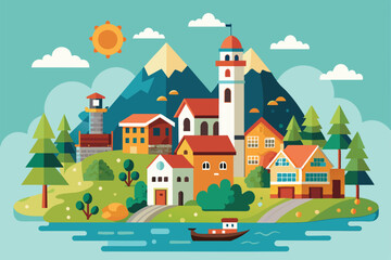 A cheerful, flat illustration of a small town by a river with mountains and trees in the background, Small town Customizable Flat Illustration