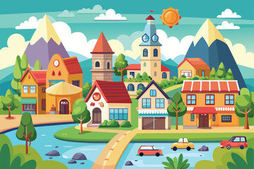 Cartoon illustration of a small town with houses, a river, and mountains, Small town Customizable Cartoon Illustration