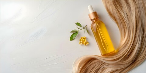Fototapeta premium Golden drops nourish hair restore and revitalize damaged hair with keratin. Concept Hair Care, Keratin Treatment, Damage Repair, Nourishing Ingredients, Revitalizing Hair