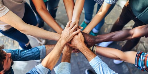 A group of people put their hands together in a gesture of unity and cooperation.