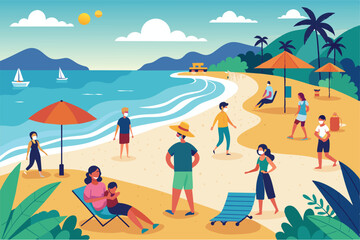 An illustration of people enjoying a day at the beach while wearing masks and practicing social distancing, Social distance at the beach Customizable Flat Illustration