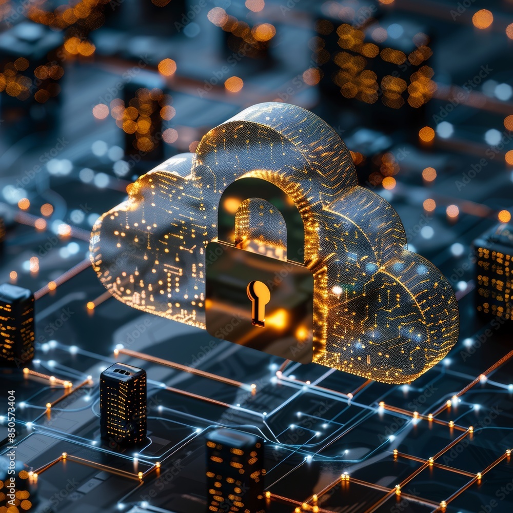 Poster futuristic cityscape with minimalist cloud and metallic lock icon symbolizing data security