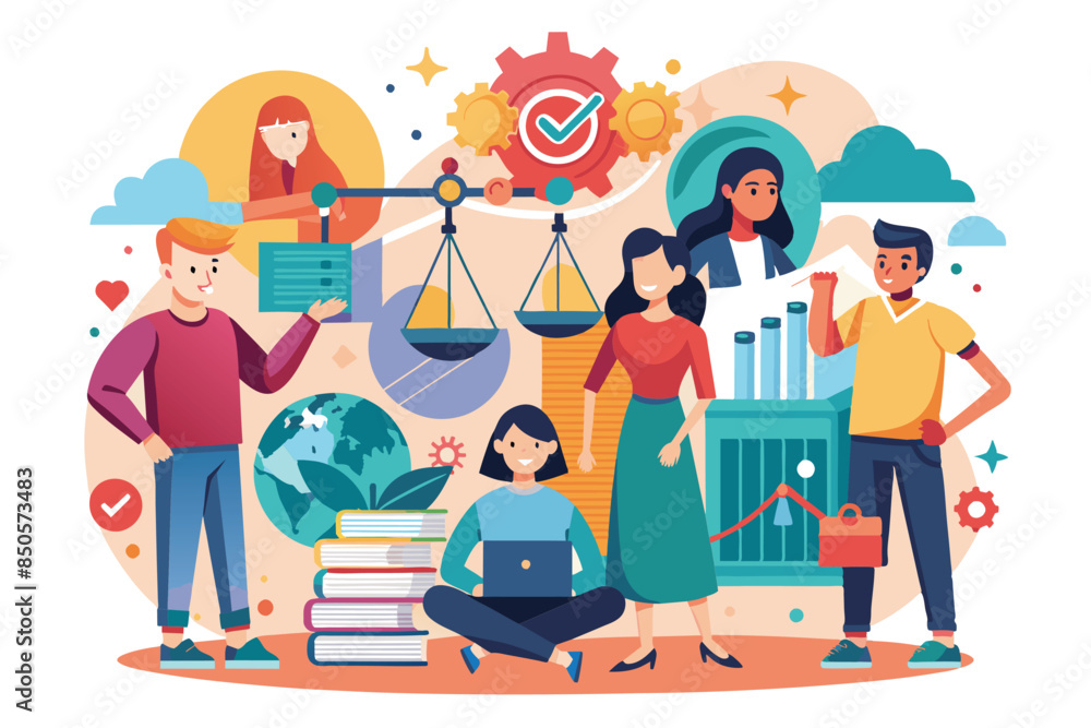 Aufkleber an illustration depicting a group of diverse individuals working together to create and implement so