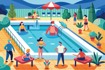 People relaxing and swimming at a pool while wearing masks to maintain social distancing, Social distance at the pool Customizable Disproportionate Illustration