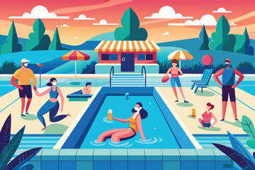 A group of people enjoy a day at the pool while maintaining social distance, wearing masks, and relaxing in the sun, Social distance at the pool Customizable Semi Flat Illustration