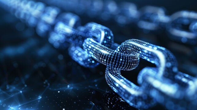 Close-up of a digital chain link representing blockchain technology with binary code patterns