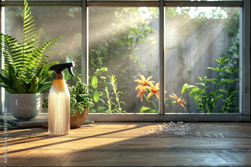 Poster A spray bottle sits on a wooden table next to a window, ready for use