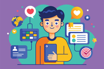 Illustration of a man holding a tablet with icons representing social media sharing options, Social share Customizable Disproportionate Illustration