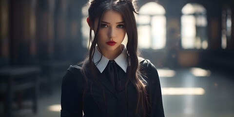 Chic girl in school uniform stars in urban fantasy gothic romance. Concept Fashion Photography, Urban Fantasy, Gothic Style, High School Cool