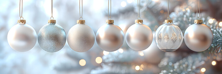 Line of Christmas Cbaubles in a festive snowy setting. Variety of elegant white ornaments perfect for a stylish winter theme. Assorted silver Christmas decorations, from matte to sparkly finishes
