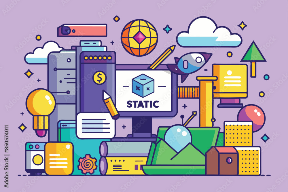 Poster colorful illustration: static on computer screen, surrounded by icons & objects, static assets custo