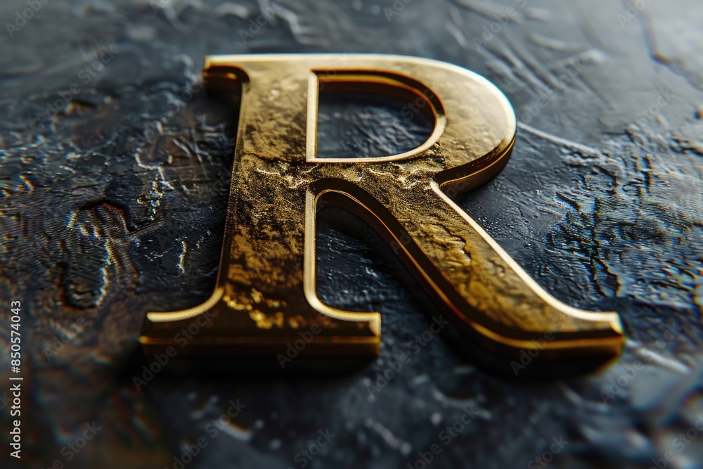 Poster close-up shot of a gold letter 'r' on a metallic surface, suitable for branding or design projects