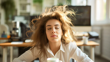 Businesswoman with disheveled hair sitting at office desk, drinking coffee drink from the mug or cup in the morning, sleepy girl early wake up refreshment, Monday depression, exhausted, energy, drowsy