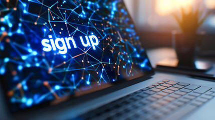 Text sign up on a laptop notebook computer device display screen. Online internet digital technology password, website network security access lock, account username verification
