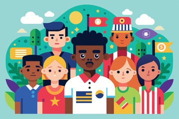 Flat illustration of seven diverse people standing together with a green background, Stop racism Customizable Flat Illustration