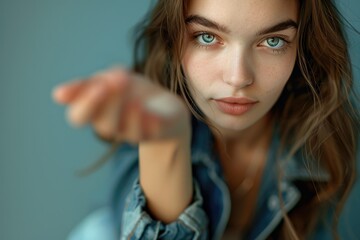 Fototapeta premium A woman holds a remote control in her hand, ready to use