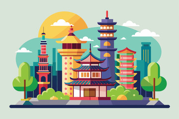 Naklejka premium An illustration of a Taipei cityscape featuring various pagoda and temple structures, Taipei Customizable Flat Illustration