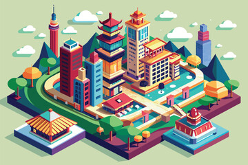 Naklejka premium An isometric illustration of a modern Taipei cityscape with iconic buildings, lush greenery, and a scenic water feature, Taipei Customizable Isometric Illustration
