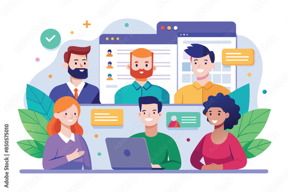 Poster illustration of diverse team collaborating on project, emphasizing teamwork, team page customizable 