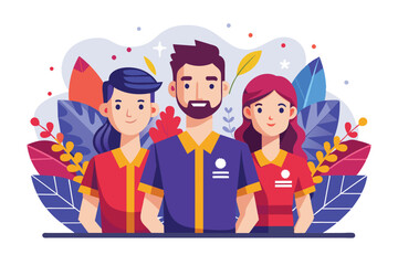 Fototapeta premium Illustration of 3 diverse team members with colorful leaves, Team page Customizable Semi Flat Illustration