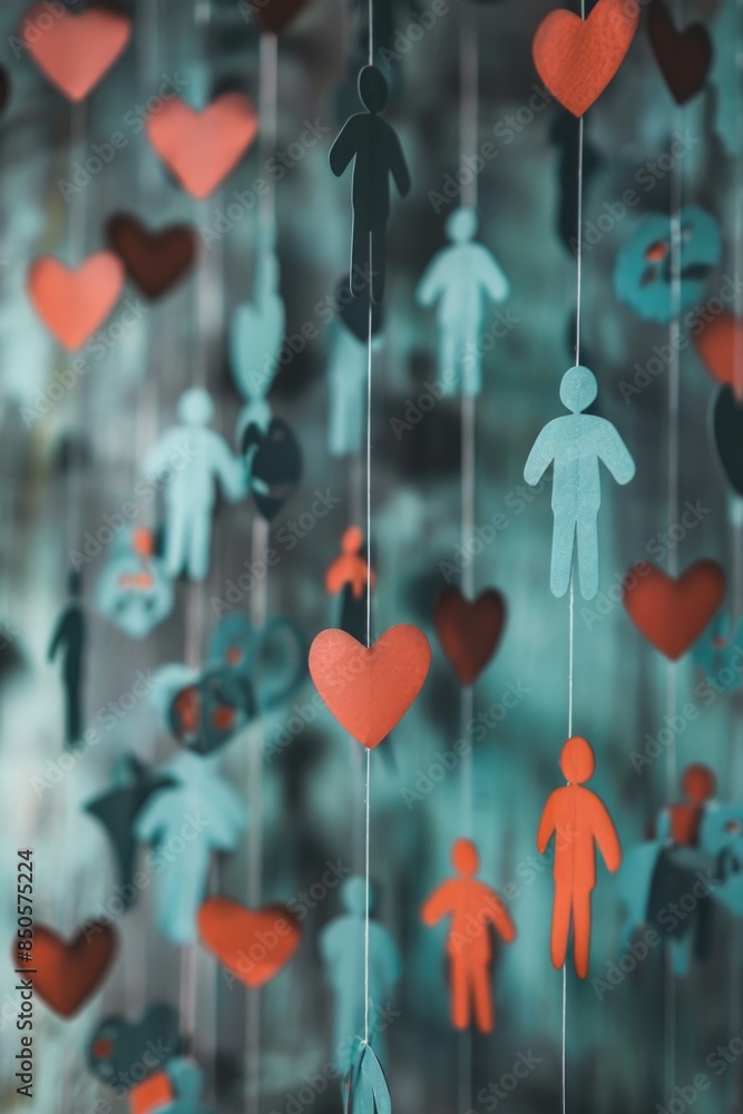 Poster a group of paper cutouts of people are hung from strings, creating an artistic display