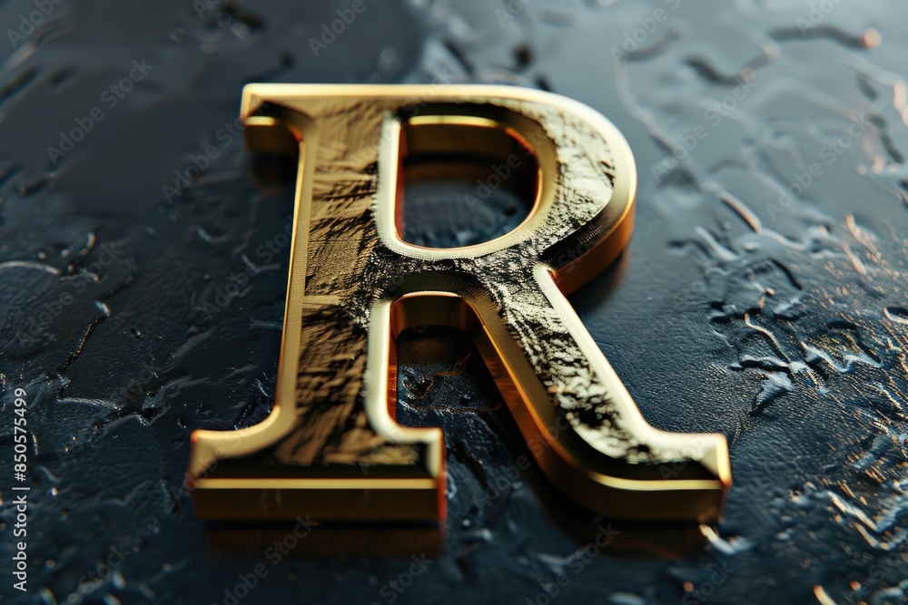 Poster close-up view of a golden letter r on a black background