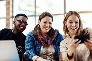 Students, group and selfie at college, happy and diversity for education, learning and post on social media. Man, girl and friends with photography for memory with profile picture for study at campus