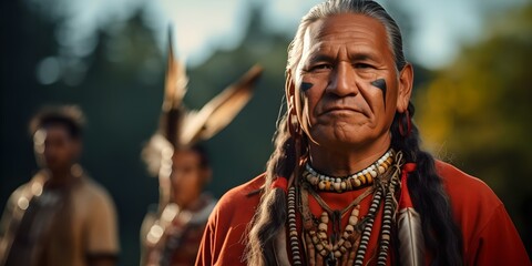 Fototapeta premium Experienced Indigenous male leader upholds ancestral traditions shares wisdom fosters community unity. Concept Indigenous Leadership, Ancestral Traditions, Wisdom Sharing, Community Unity