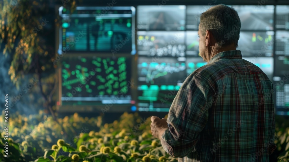 Poster a farmer monitoring a live data map that tracks weather patterns helping him make crucial decisions 