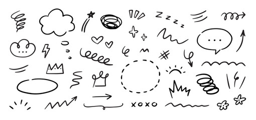 Hand drawn marker simple elements set. Grunge doodle underlines, icons, emphasis, speech bubbles, arrows and shapes. Vector illustration isolated on white background.