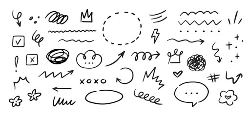 Hand drawn marker simple elements set. Grunge doodle underlines, icons, emphasis, speech bubbles, arrows and shapes. Vector illustration isolated on white background.