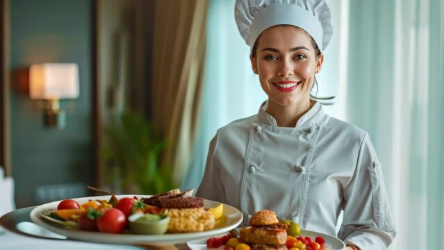 Culinary staff holding a platter of healthy food in a luxury hotel room.