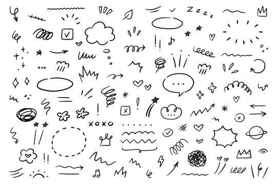 Hand drawn marker simple elements set. Grunge doodle underlines, icons, emphasis, speech bubbles, arrows and shapes. Vector illustration isolated on white background.