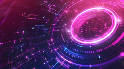 Obraz premium Abstract geometric neon circuit with glowing pink and purple lines and dots