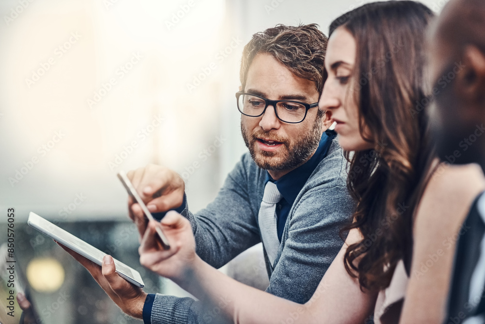 Poster Teamwork, people and mobile tech for collaboration in company as web developer in digital agency for network. Business, tablet and communication for growth, career in brand design as group in office
