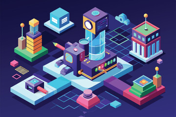 Obraz premium A colorful isometric illustration of a futuristic cityscape with buildings, technology, and a grid pattern, Visionary technology Customizable Isometric Illustration